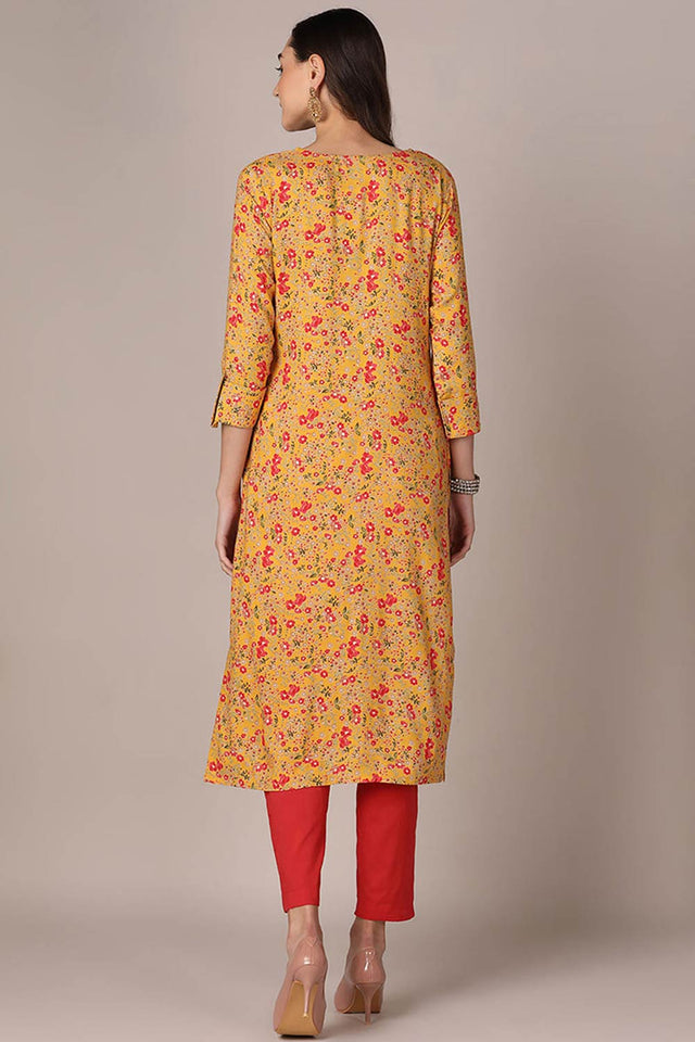 Yellow Rayon Floral Straight Kurti