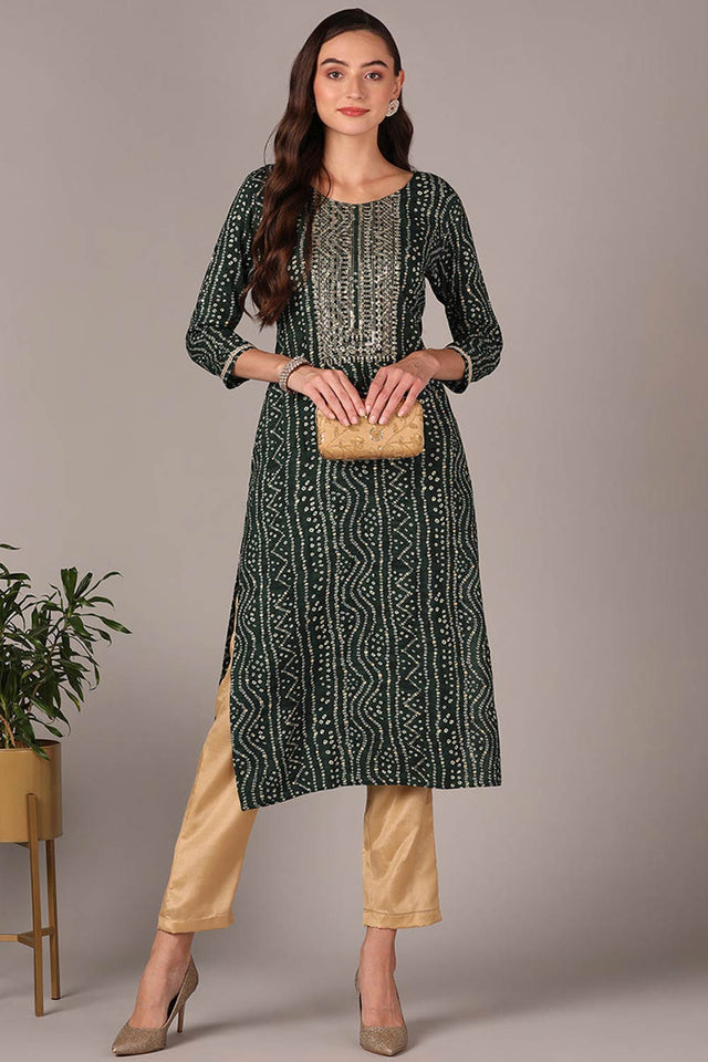 Green Rayon Embroidered Round Neck Kurti