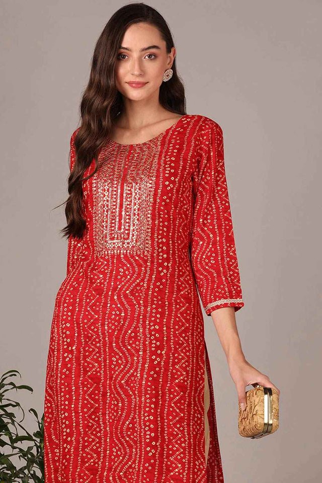 Red Rayon Embroidered Round Neck Kurti