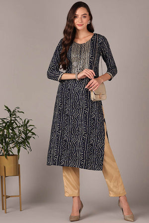 Blue Rayon Floral Print Round Neck Kurti