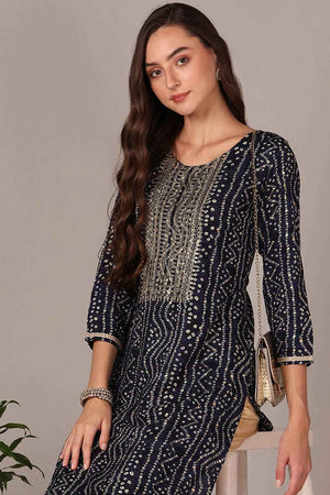 Blue Rayon Floral Print Round Neck Kurti