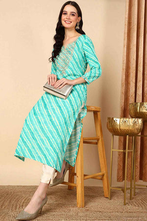 Green Rayon Leheriya Straight Kurti