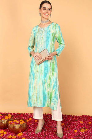 Blue Rayon Bandhani Round Neck Kurti