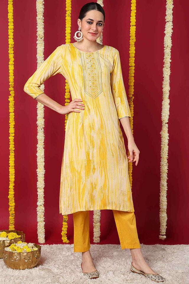 Yellow Rayon Abstract Print Straight Kurti
