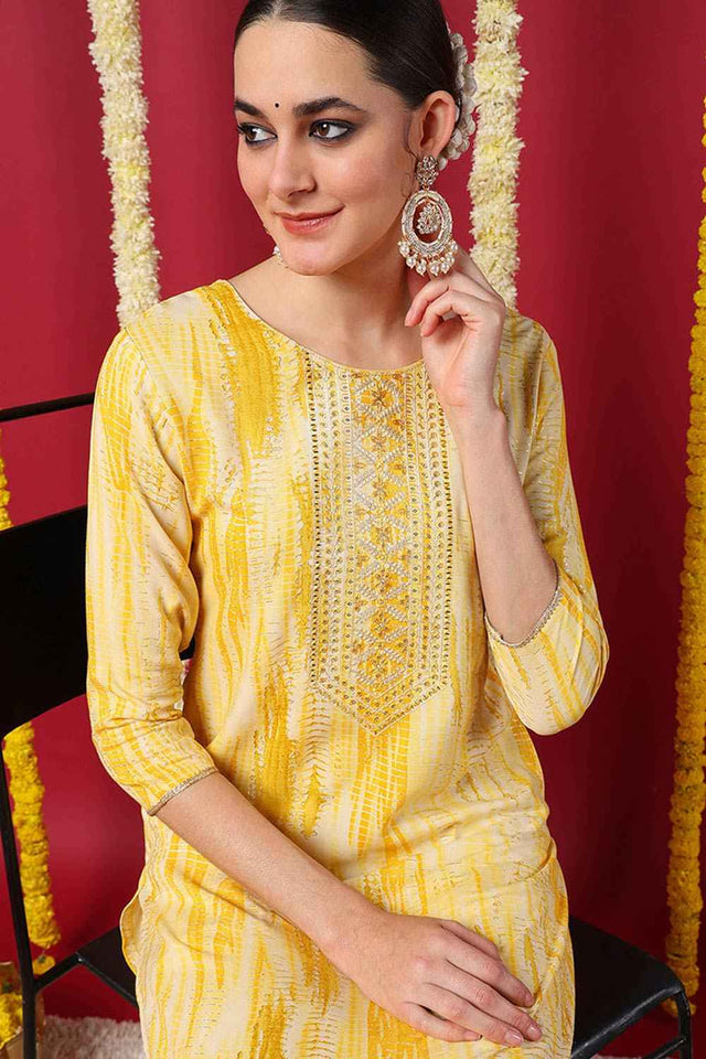 Yellow Rayon Abstract Print Straight Kurti
