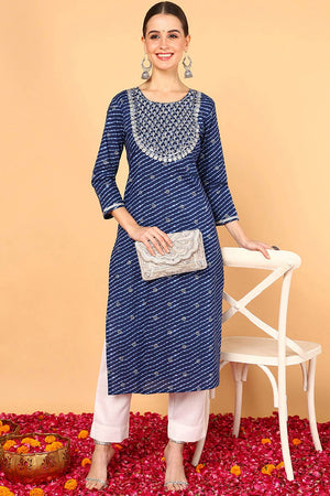 Blue Cotton Leheriya Straight Kurti