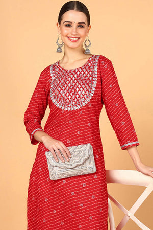 Red Cotton Leheriya Straight Kurti (N2ZVCK9646-XS)