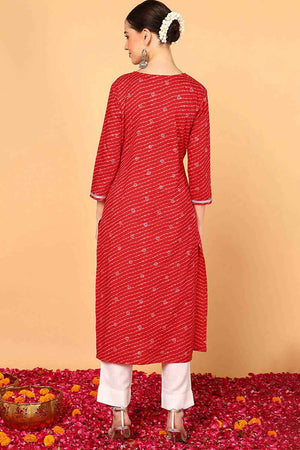 Red Cotton Leheriya Straight Kurti (N2ZVCK9646-XS)