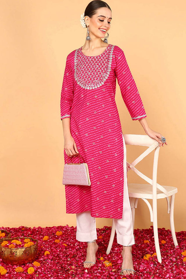 Pink Cotton Leheriya Straight Kurti