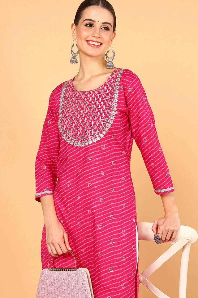 Pink Cotton Leheriya Straight Kurti