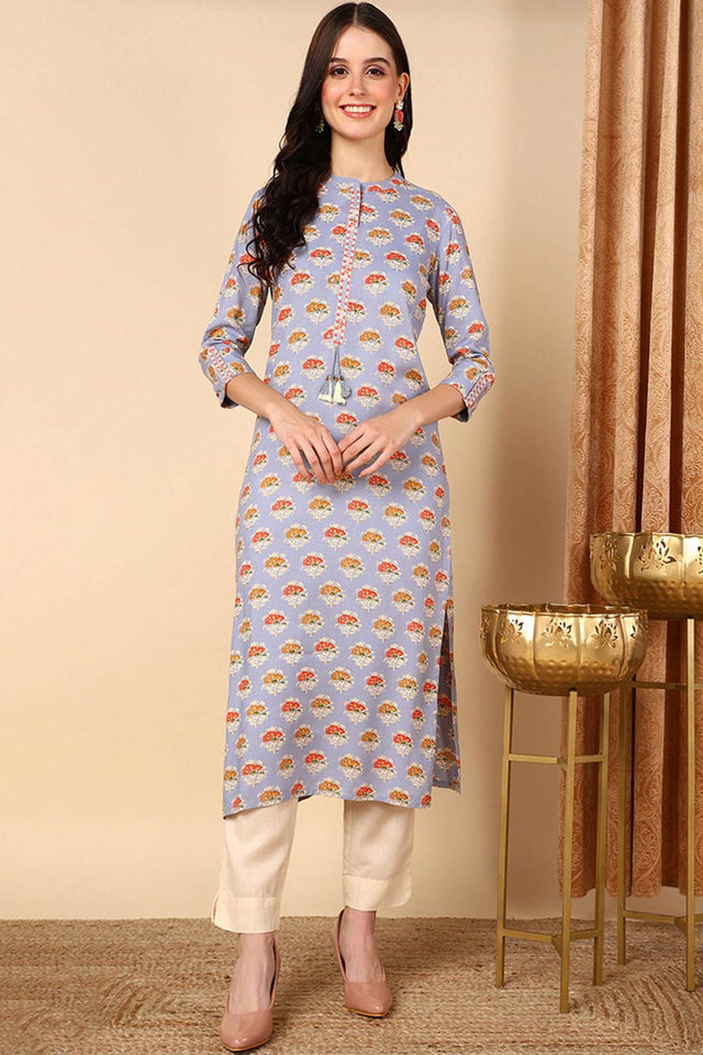 Blue Cotton Printed Straight Kurti