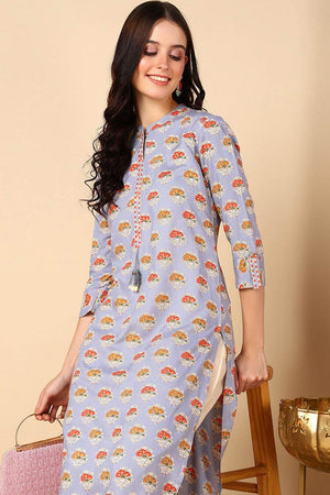 Blue Cotton Printed Straight Kurti