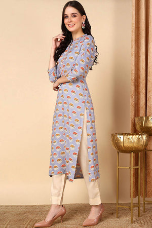 Blue Cotton Printed Straight Kurti