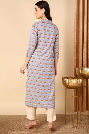 Blue Cotton Printed Straight Kurti