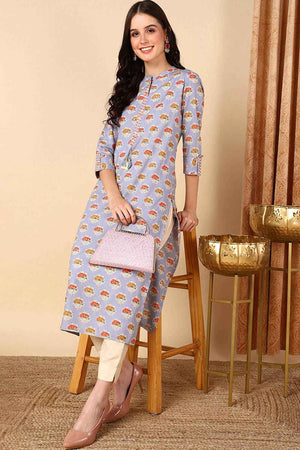 Blue Cotton Printed Straight Kurti