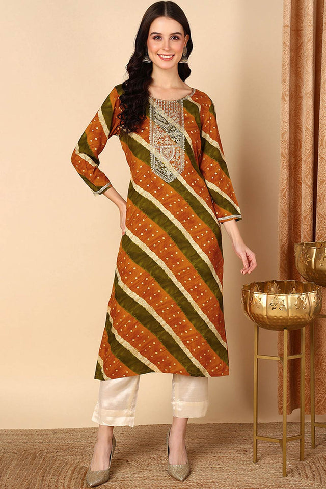 Yellow Rayon Embroidered Round Neck Kurti