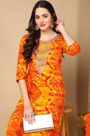 Orange Rayon Abstract Print Straight Kurti