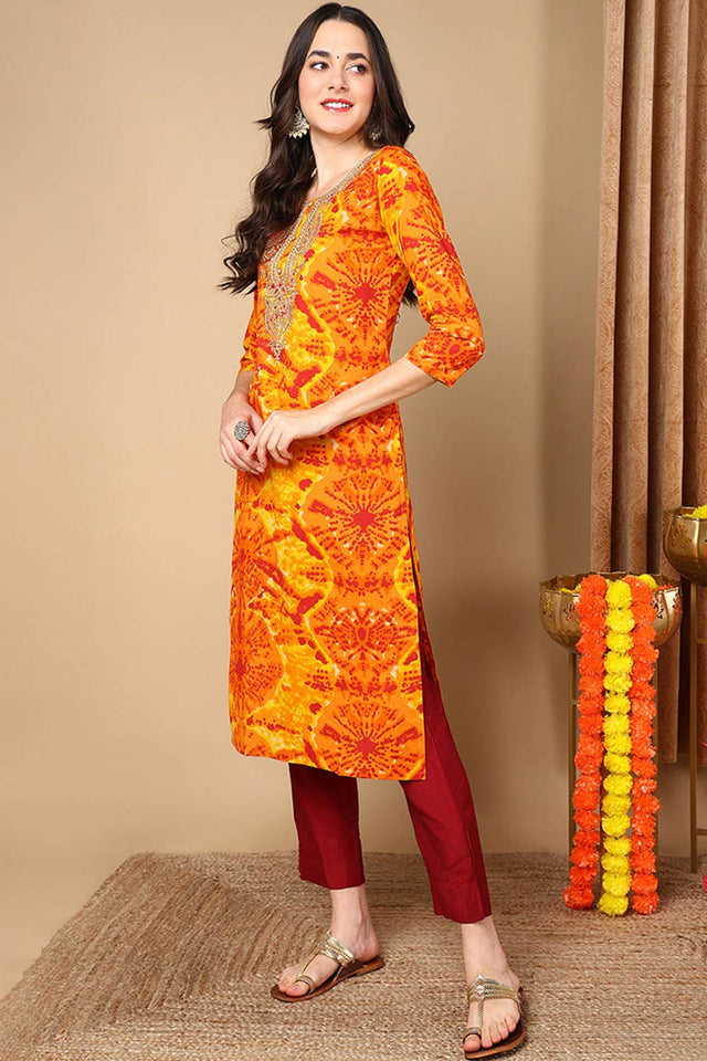 Orange Rayon Abstract Print Straight Kurti