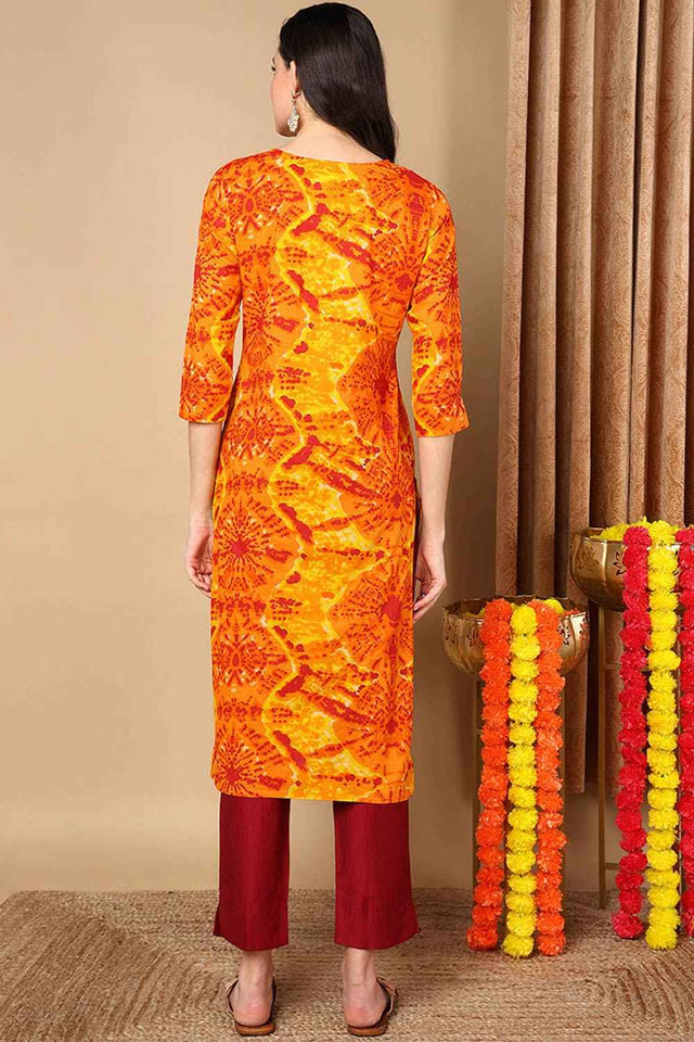 Orange Rayon Abstract Print Straight Kurti