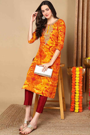Orange Rayon Abstract Print Straight Kurti