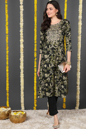 Green Silk Blend Floral Print Round Neck Kurti