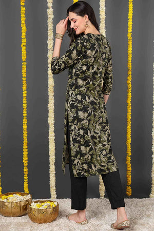 Green Silk Blend Floral Print Round Neck Kurti