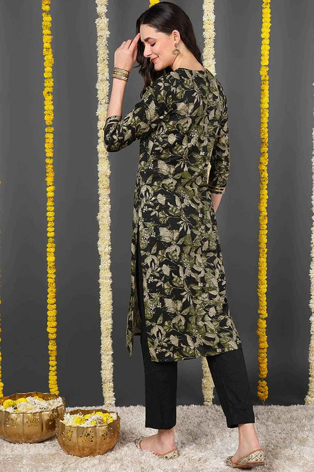 Green Silk Blend Floral Print Round Neck Kurti