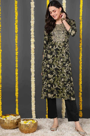 Green Silk Blend Floral Print Round Neck Kurti