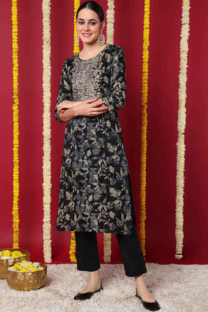 Blue Silk Blend Floral Print Round Neck Kurti