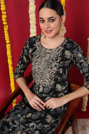 Blue Silk Blend Floral Print Round Neck Kurti