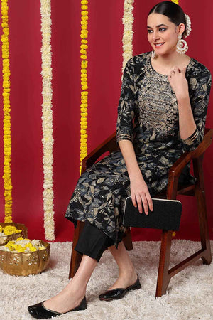 Blue Silk Blend Floral Print Round Neck Kurti