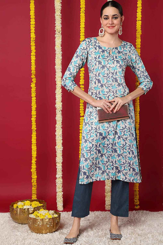 Beige Silk Blend Printed Straight Kurti