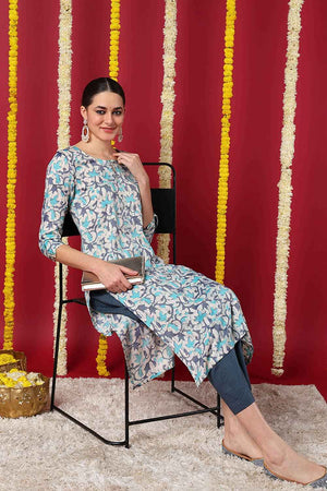 Beige Silk Blend Printed Straight Kurti