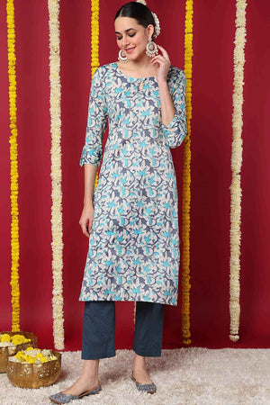 Beige Silk Blend Printed Straight Kurti
