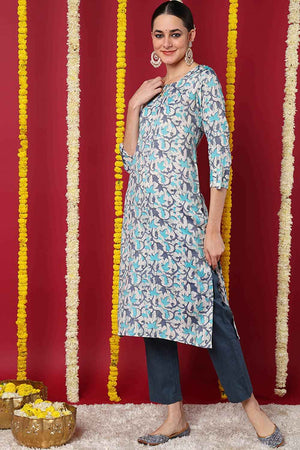 Beige Silk Blend Printed Straight Kurti