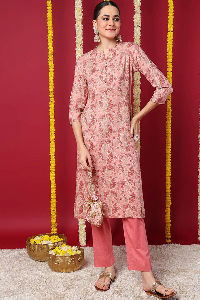 Pink Rayon Floral Straight Kurti