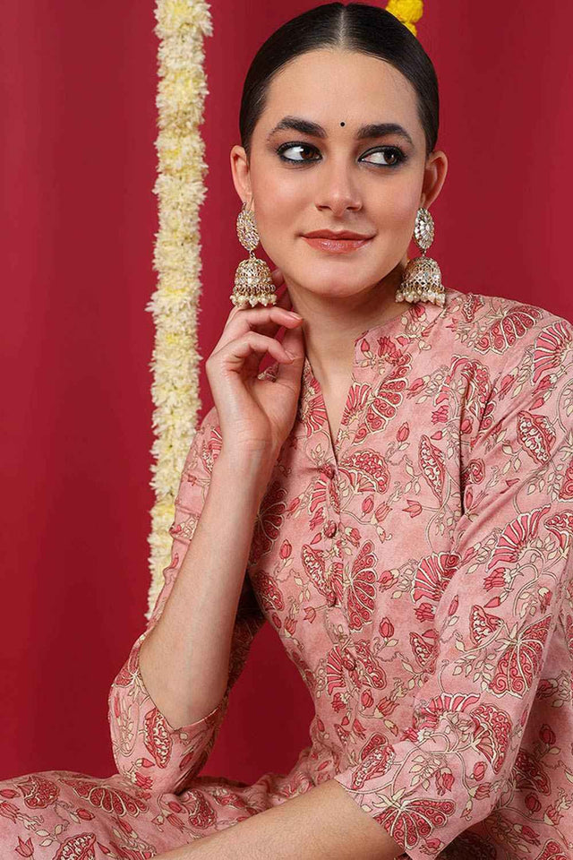 Pink Rayon Floral Straight Kurti