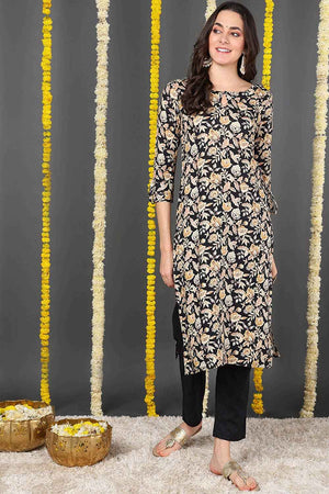 Black Rayon Floral Print Round Neck Kurti (N2ZVCK9720-XS)