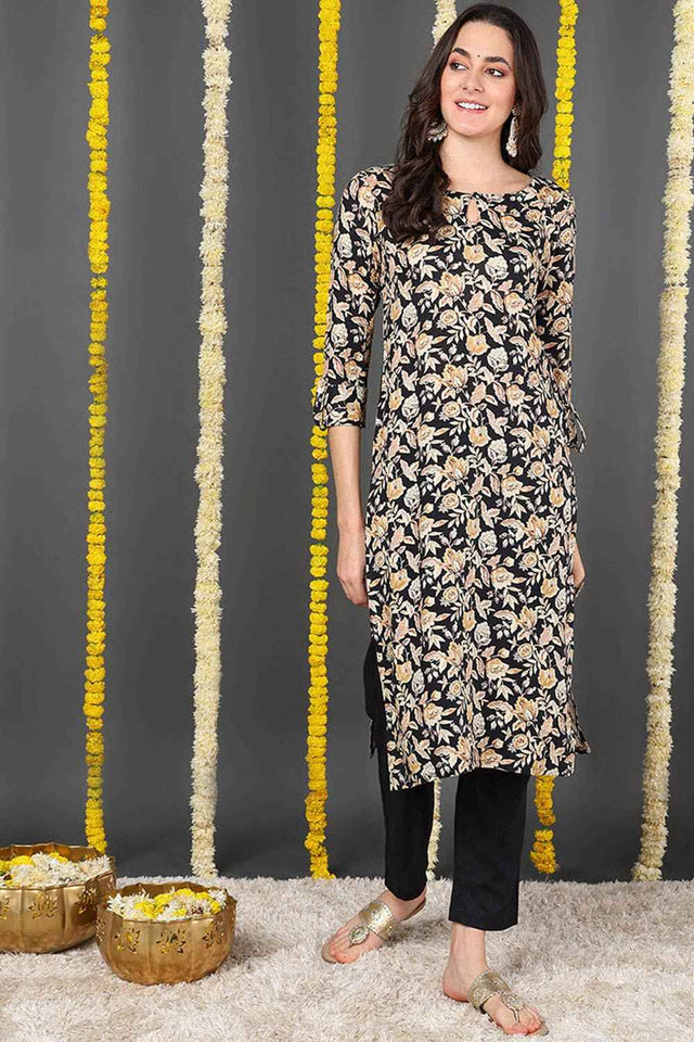 Black Rayon Floral Print Round Neck Kurti (N2ZVCK9720-XS)