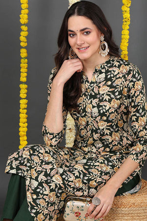 Green Rayon Floral Print Round Neck Kurti