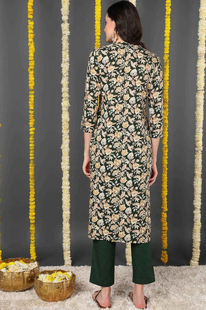 Green Rayon Floral Print Round Neck Kurti
