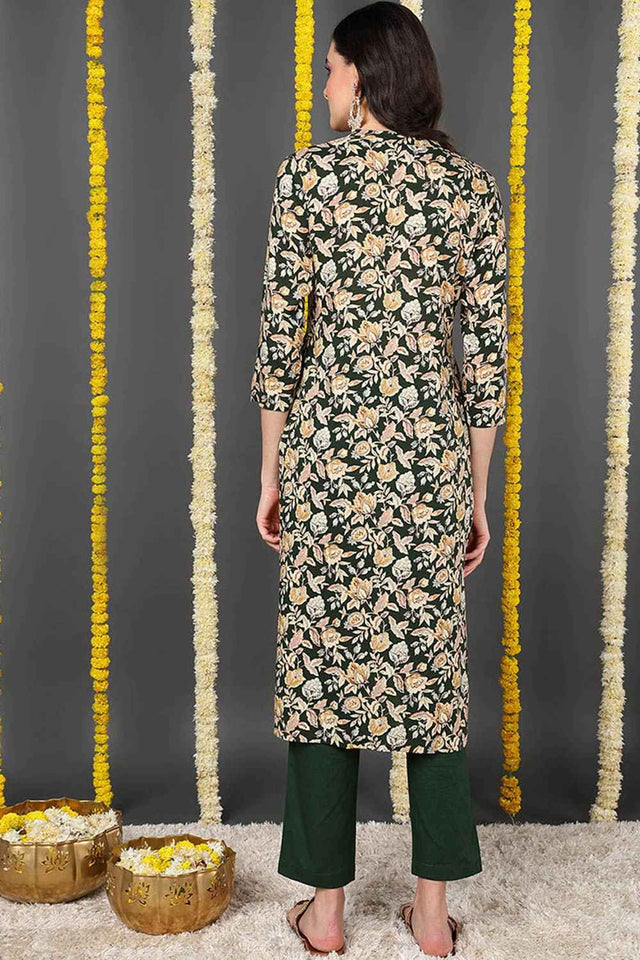 Green Rayon Floral Print Round Neck Kurti