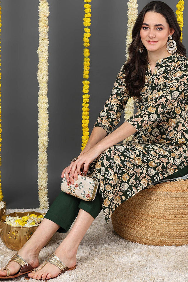 Green Rayon Floral Print Round Neck Kurti