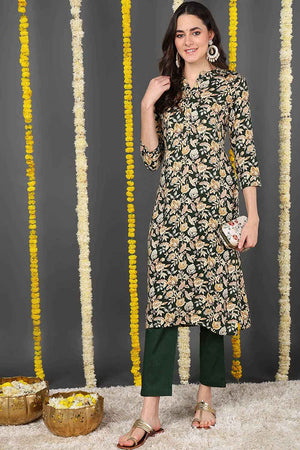 Green Rayon Floral Print Round Neck Kurti