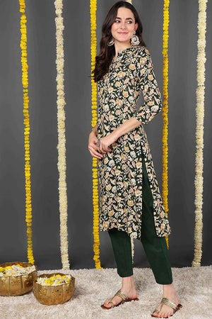 Green Rayon Floral Print Round Neck Kurti