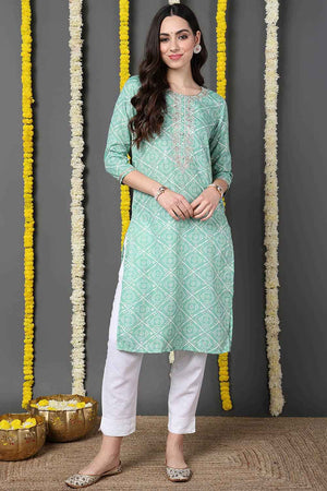 Green Cotton Blend Bandhani Round Neck Kurti