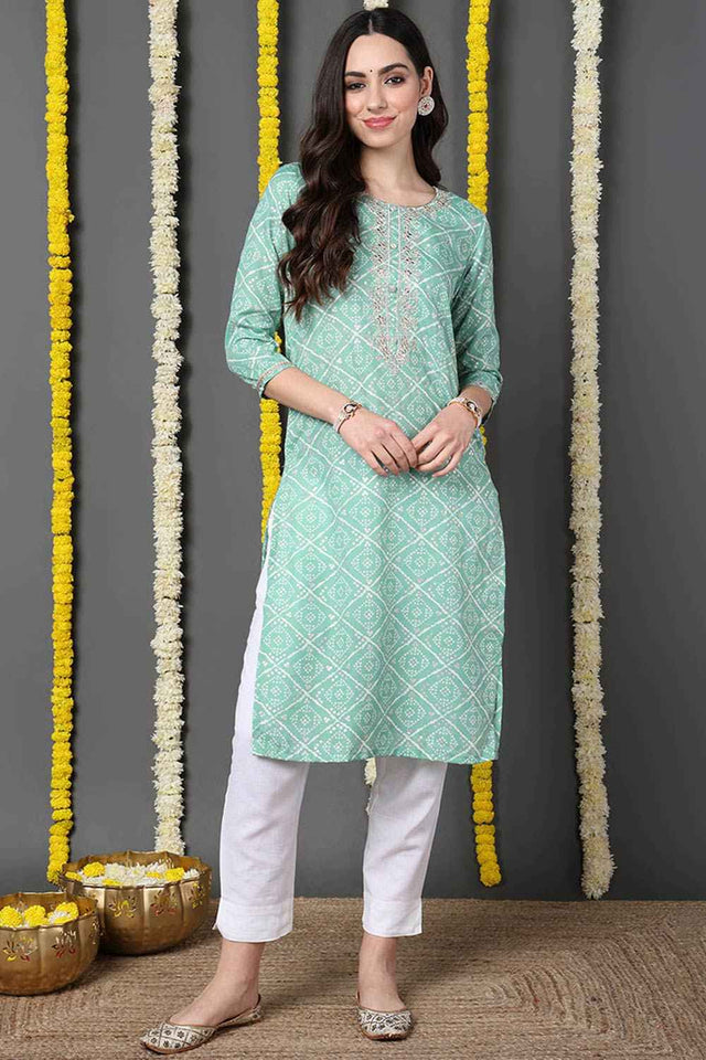 Green Cotton Blend Bandhani Round Neck Kurti