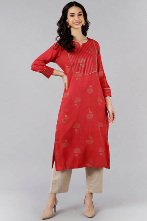 Red Cotton Round Neck Kurti