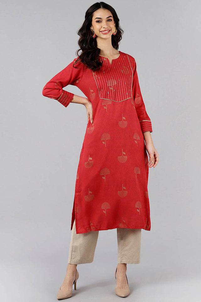 Red Cotton Round Neck Kurti