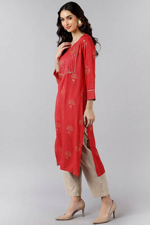 Red Cotton Round Neck Kurti